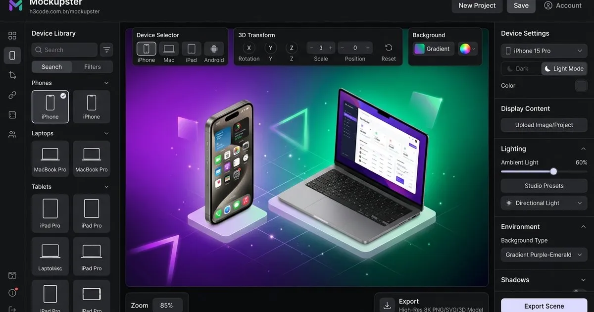 Mockupster: Como Criar Mockups 3D Profissionais Online e Grátis para Apps e Sites